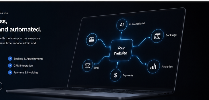 Connected website automation system linking enquiries, bookings, payments, email and analytics